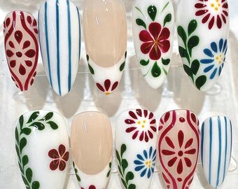 Handmade Floral Almond Press On Nails, Vintage Cottagecore Design