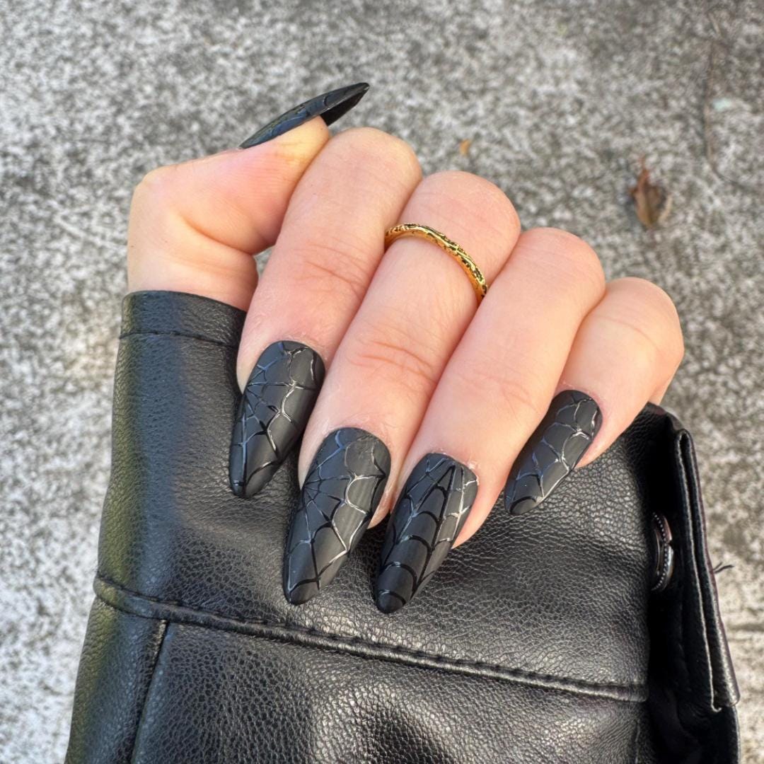 Black Spider Web Press on Nails: Gothic Stiletto Halloween Nail