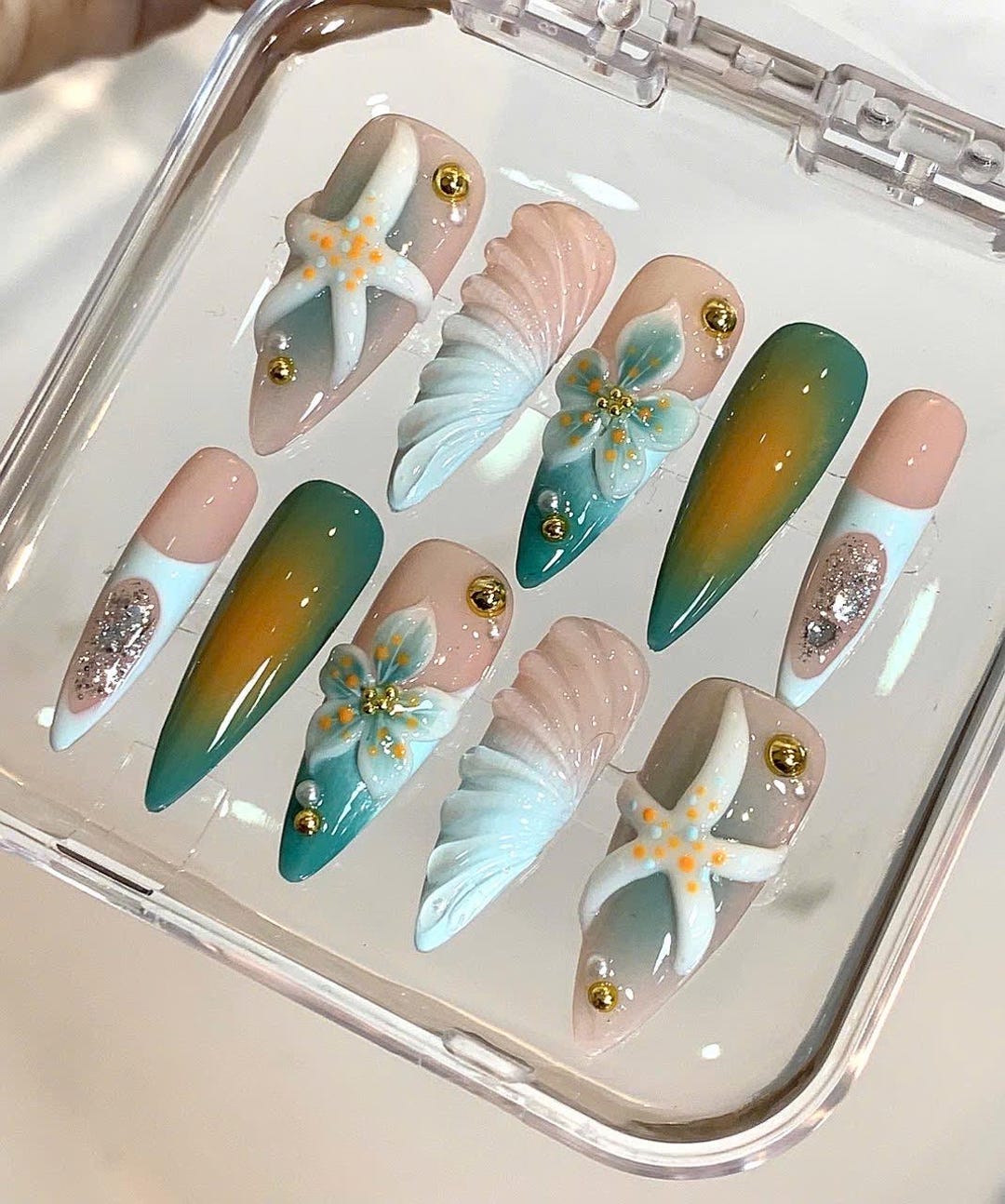 3D Seashell Press on Nails: Beach Ocean Long Coffin Handmade - Etsy