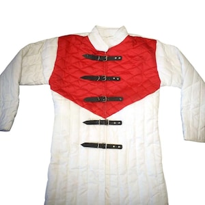 Medieval Padded Aketon Gambeson Jacket – White ,Red Quilted Armor Coat with Buckles for LARP, SCA, Reenactment Renaissance Costume.
