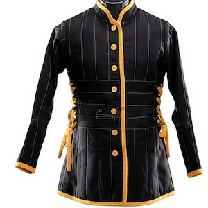 Black Yellow HEMA Fencing Jacket – 350N Padded Gambeson with Side Lacing & Button Closure – Historical Sword Fighting Armor.