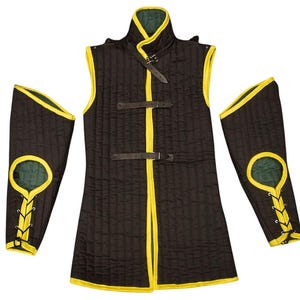 Black Yellow Padded HEMA Gambeson Jacket – 350N Quilted Medieval Armor Coat with Detachable Sleeves for LARP, Reenactment & Combat Training.