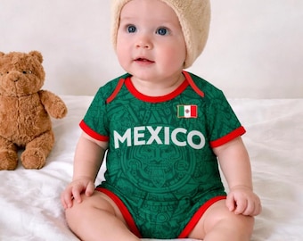 Mexico kindervoetbalshirt 2026, Mexico Azteekse kalender babyromper, aangepast naamnummer Mexico voetbalshirt