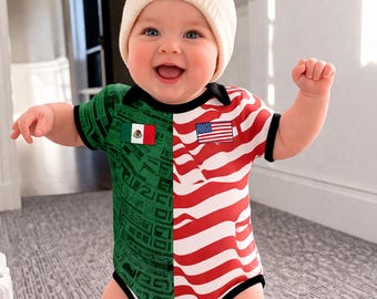 Benutzerdefinierte 2026 Fußball zwei Fußballmannschaft Baby Body, personalisieren Hälfte Hälfte Fußball Trikot, Mexiko Azteken, USA, Kanada Split-Team, Neugeborenen Trikot