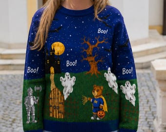 Maglione lavorato a maglia per Halloween, felpa vintage di Halloween taglia L, maglietta per la stagione spettrale, girocollo retrò con zucca, felpa per le vacanze autunnali