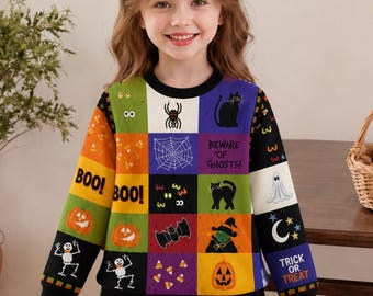 Maglione lavorato a maglia per Halloween per bambini, simpatico maglione autunnale con fantasma, zucca e gatto nero, felpa autunnale accogliente, regalo per la stagione spettrale