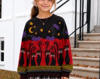 Maglione nero con gatto per Halloween, maglione lavorato a maglia con gatto spettrale, girocollo gotico per Halloween, maglietta autunnale da strega, regalo carino per gli amanti dei gatti