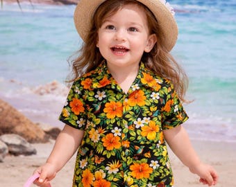 Personalized Hawaiian Shirt, Colorfull Hawaiian Shirt Tropical Hibiscus, Custom Beach Shirt for Kids, Vacation Outfit, Matching Family Shirt