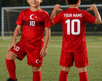 Ensemble personnalisé de maillots de football turcs pour enfants, kit de football personnalisé avec nom et numéro, tenue de fan de Turquie, uniforme de football pour garçons 2026