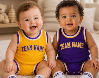 Body da basket personalizzato per neonati, completo sportivo personalizzato per neonati, maglia sportiva personalizzata con nome e numero per neonati, completo giallo e viola