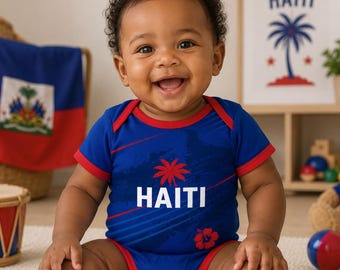 Body personalizzato per neonati con il logo di Haiti, maglia da calcio di Haiti per neonati, completo personalizzato con nome e numero per neonati, abbigliamento per neonati per tifosi di Haiti