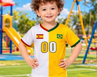 Personalized Half & Half Soccer Kids Jersey, Custom Binational Football Shirt with Name and Number, Select any 2 Countries