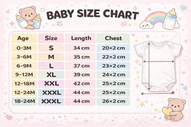 May include: Baby size chart with measurements in centimeters for ages 0-3 months to 18-24 months. Includes chest and length measurements for sizes S, M, L, XL, XXL, and XXXL. The chart is decorated with cartoon bears, rainbows, and baby bottles.