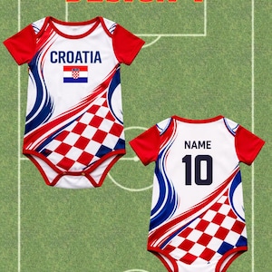 May include: Two baby onesies with a Croatian flag design. The front onesie has "CROATIA" and the flag. The back onesie has "NAME" and the number "10". Both have red sleeves and a white body with red, white, and blue accents.