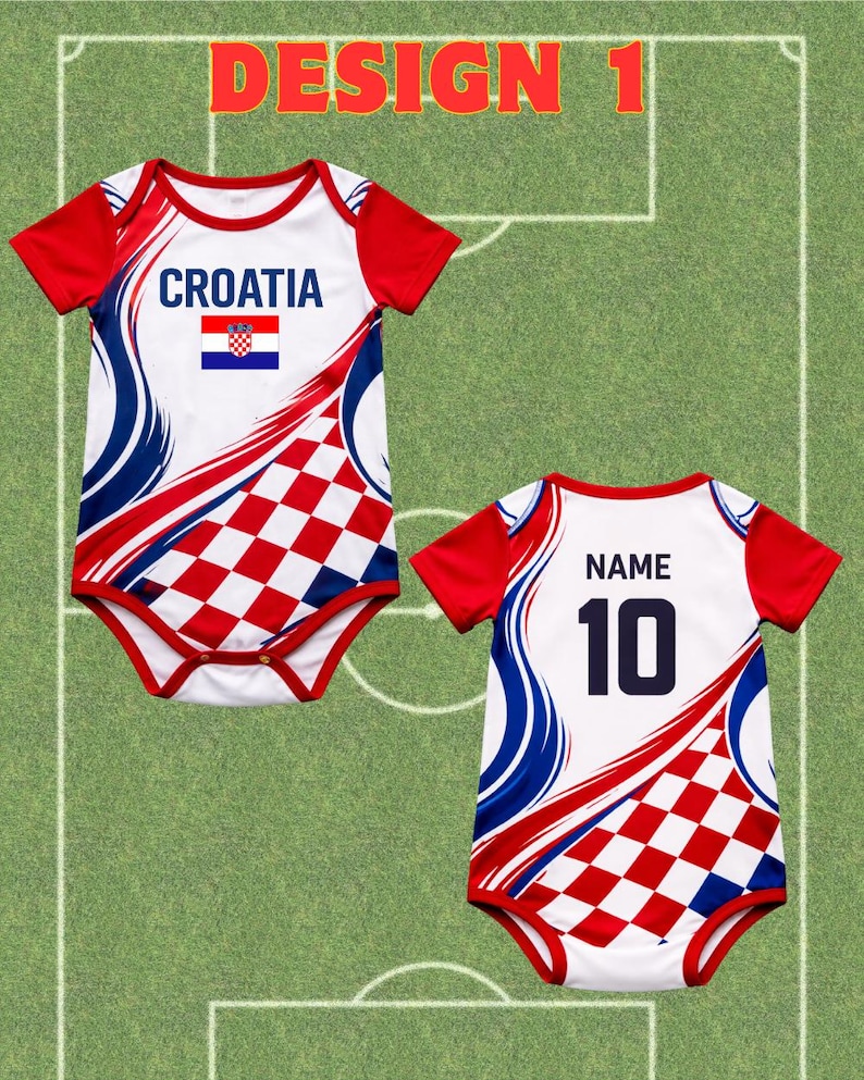 May include: Two baby onesies with a Croatian flag design. The front onesie has "CROATIA" and the flag. The back onesie has "NAME" and the number "10". Both have red sleeves and a white body with red, white, and blue accents.