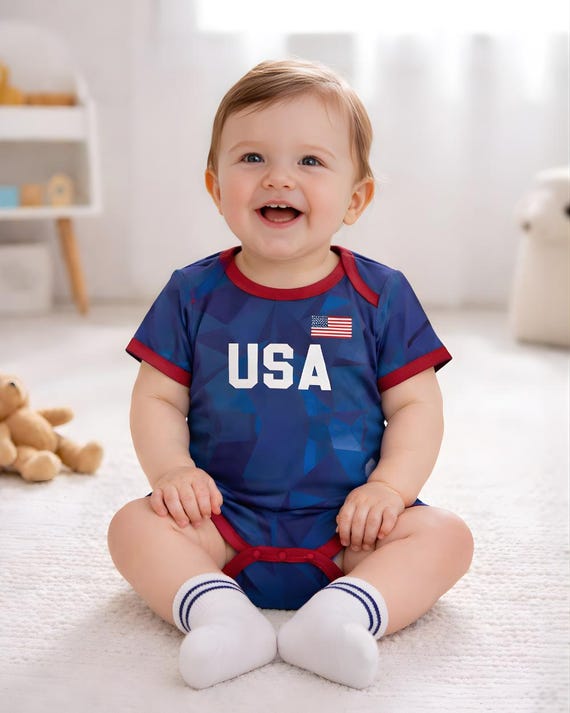 US Soccer Baby Bodysuit, Red White Blue Stripes, Newborn Football Jersey Outfit, 2026 Fan Shirt