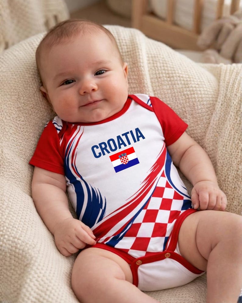 May include: A baby wearing a red, white, and blue bodysuit with the word "CROATIA" and the Croatian flag. The bodysuit has a checkered pattern on the bottom and a design that resembles a flag.