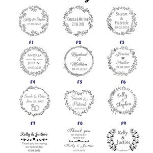 May include: A collection of twelve wedding or event design templates. Each design features names and dates within floral or heart-shaped wreaths. The designs include names like Kelly & Stephen, Chelsea & Matthew, and Susan & Patrick.