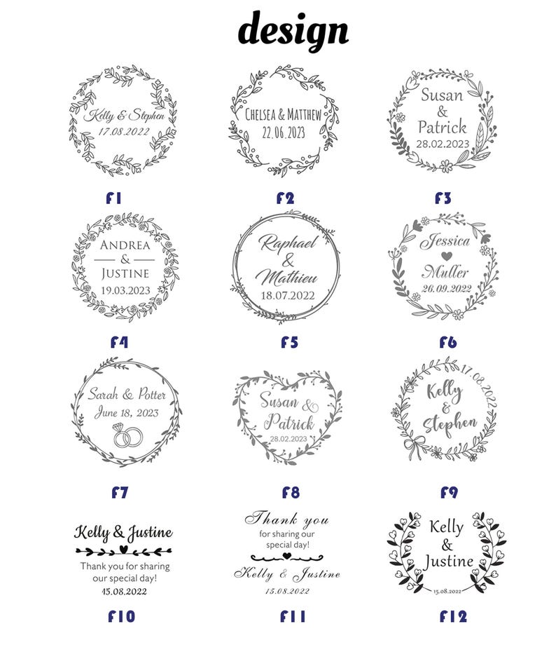 May include: A collection of twelve wedding or event design templates. Each design features names and dates within floral or heart-shaped wreaths. The designs include names like Kelly & Stephen, Chelsea & Matthew, and Susan & Patrick.