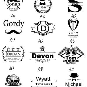 May include: Black and white graphic designs for personalized gifts. Designs include names, dates, and titles such as "Best Man" and "Groomsman", along with decorative elements like mountains, bow ties, and beer mugs.