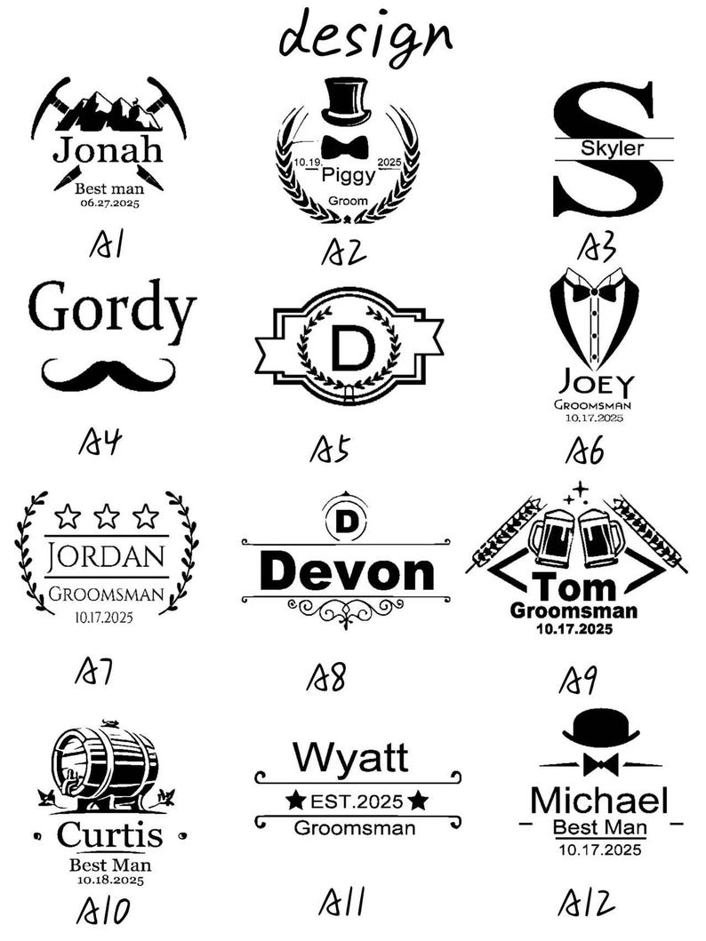 May include: Black and white graphic designs for personalized gifts. Designs include names, dates, and titles such as "Best Man" and "Groomsman", along with decorative elements like mountains, bow ties, and beer mugs.