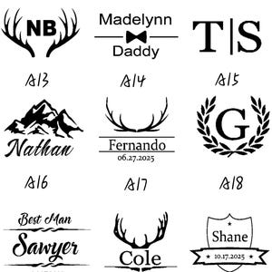 May include: A collection of black and white design elements, including names, initials, and dates, suitable for engraving. The designs feature antlers, mountains, bow ties, and laurel wreaths. Text includes "design", "Daddy", "Nathan", "Fernando", "Sawyer", "Cole", and "Shane".