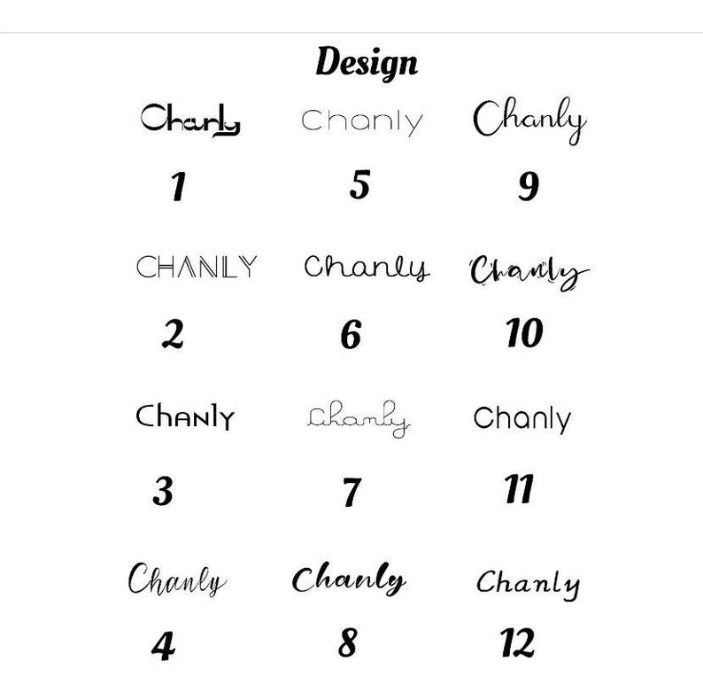 May include: A white background displays twelve "Chanly" design options in various fonts and styles. Each design is numbered from 1 to 12. The word "Design" is at the top of the image.