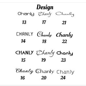 May include: A white background with the word "Design" in a bold, black font at the top. Below, the word "Chanly" is repeated in various fonts, along with numbers 13 through 24.