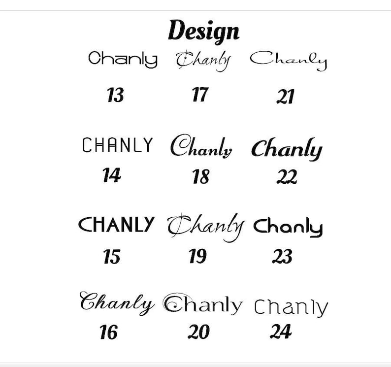 May include: A white background with the word "Design" in a bold, black font at the top. Below, the word "Chanly" is repeated in various fonts, along with numbers 13 through 24.
