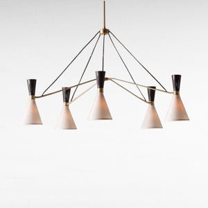 1950s Stilnovo Brass Sputnik Chandelier – Handmade Italian Mid Century Modern Light Fixture, 5 Arm Black & White Cone Ceiling Pendant Light