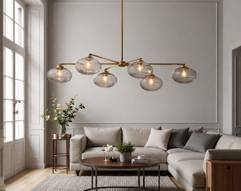 Modern Smoke Glass Chandelier, Brass Linear Pendant Light for Dining Room and Living Room