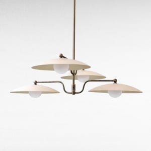 Modern Mid-Century 4-Light Chandelier | Minimalist Brass Pendant Light with Wide Dome Shades | Designer Ceiling Fixture Dining & Living Room