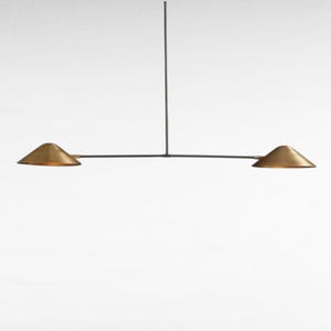 1950s Mid Century Modern Brass Chandelier | 2-Light Raw Brass Sputnik Pendant Light | Handmade Cone Shade Ceiling Light Fixture