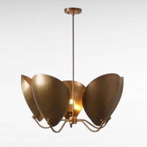 5-Light Mid Century Modern Sputnik Chandelier | Handmade Brass Pendant with Curved Petal Shades | Modern Vintage Ceiling Light Fixture