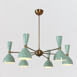 Mid Century Modern Stilnovo Chandelier – Italian Sputnik Ceiling Light with 6 Arms | Handmade Brass & Enamel Fixture-Vintage Retro Lighting