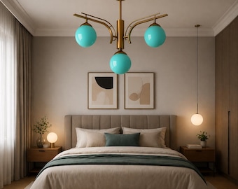 Lámpara de araña Sputnik con globo de cristal turquesa - Lámpara colgante de 3 luces de estilo moderno de mediados de siglo para cocina, comedor y sala de estar.