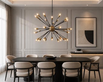 Lustre Sputnik em estilo italiano Stilnovo: Luminária pendente de luxo em latão com 36 lâmpadas - Luminária de teto moderna de meados do século XX