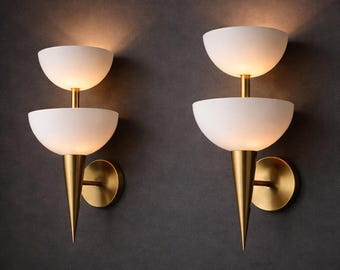 Mid Century Modern Brass Wall Sconce – Double Off White Dome Shade Light