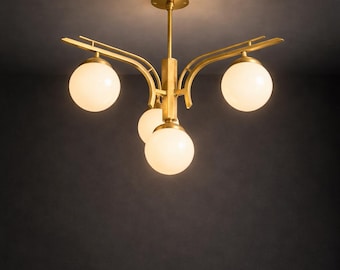 Spoetnik-kroonluchter uit het midden van de eeuw - 4-lichts messing hanglamp voor eetkamer, keukenverlichting