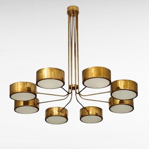 Modern Italian Stilnovo Sputnik Chandelier | 1950s Mid Century Brass 8-Light Drum Ceiling Light Fixture | Handmade Retro Ceiling Light