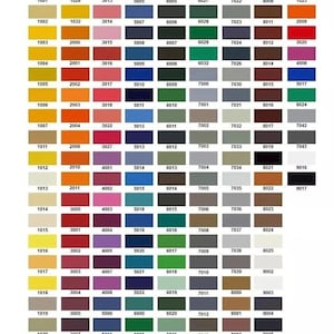 May include: A color chart displaying a wide array of paint colors, each identified by a unique four-digit code. The chart is organized in a grid, showcasing various shades and hues, from light yellows to deep blues and reds.