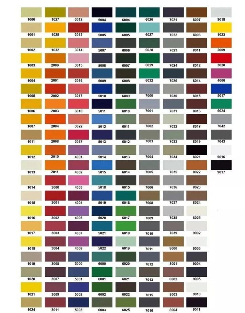 May include: A color chart displaying a wide array of paint colors, each identified by a unique four-digit code. The chart is organized in a grid, showcasing various shades and hues, from light yellows to deep blues and reds.