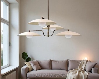 Lustre de teto moderno de luxo, lustre de disco branco, luminária pendente moderna de meados do século para sala de jantar.