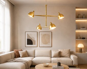 Modern Brass Chandelier, 4 Light Mid Century Ceiling Fixture, Luxury Gold Pendant Light for Dining