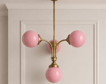 Pink Glass Globe Chandelier, Italian Mid Century Modern Pendant Light