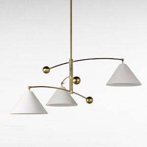 Mid Century Modern Brass Sputnik Chandelier – 3 Arm Italian Stilnovo Style Pendant Light, Handmade Cone Shade Vintage Retro Ceiling Fixture