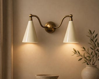 Mid Century Modern Double Wall Sconce | Stilnovo Style Brass Wall Light For Bedside Lamp