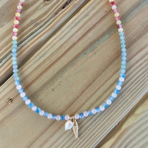 Coastal Beaded Necklace with Pearl & Gold Fish Charm, Ocean-Inspired Colorful Summer Jewelry, Mermaidcore Beach Necklace