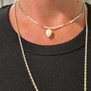 Sunlit Surf | Ocean Blue and Gold Pearl Choker | Dainty Coastal Necklace | Handmade Beaded Jewelry | Mermaidcore Summer Style
