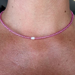 Pink Bead Pearl Choker, Dainty Summer Necklace, Minimalist Pink Jewelry, Coastal Boho Choker, Adjustable Beaded Layering Necklace